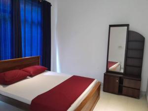 a bed with red pillows and a mirror in a bedroom at Stylish 4BR+3.5BA home wt AC + Rooftop + Parking in Moratuwa