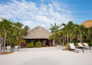 un complexe avec des chaises, un bâtiment au toit de chaume et des palmiers dans l'établissement Hampton Inn Key Largo, à Key Largo