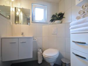 a white bathroom with a toilet and a sink at Gîte Marcel et Marianne jardin et parking privatifs in Ebersheim +38 photos