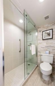 uma casa de banho com uma cabina de duche em vidro e um WC. em Embassy Suites by Hilton Lexington Green em Lexington