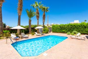 a swimming pool with chairs and umbrellas and palm trees at Queens Paradise 1 in Peyia