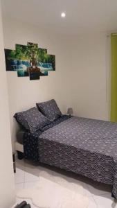 ein Schlafzimmer mit einem Bett und zwei Bildern an der Wand in der Unterkunft Jolie petite maison tout équipée in Le Gosier