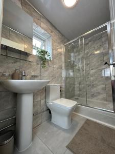 a bathroom with a toilet and a sink and a shower at THE GLASS HOUGHTON APARTMENTS in Castleford