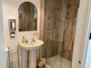 a bathroom with a sink and a shower at Hollyhock Cottage, Clematis cottages, Stamford in Stamford