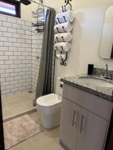 a bathroom with a toilet and a sink and a shower at Casa Cooper in Carrillo