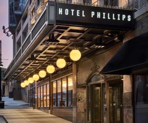 a hotel philips sign on the front of a building at Hotel Phillips Kansas City, Curio Collection By Hilton in Kansas City