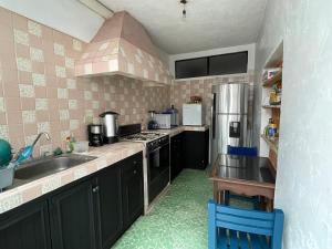 a kitchen with a sink and a refrigerator at Hotel & Hostal Santuario in San Miguel de Allende