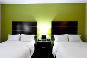 two beds in a room with a green wall at Hampton Inn Foley in Foley