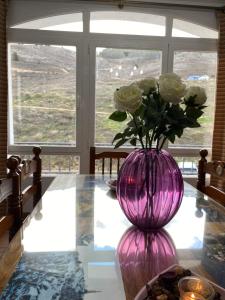 Alojamiento Cerro Socorro في كوينكا: مزهرية أرجوانية مع ورود بيضاء على طاولة