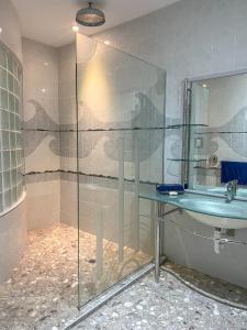 a bathroom with a glass shower and a sink at Iro Luxury Retreat in Rarotonga