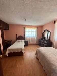 um quarto com 2 camas e uma cómoda e uma janela em Vive en un rancho em Puebla