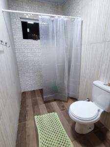 ein Bad mit einem WC und einer Dusche mit einem Duschvorhang in der Unterkunft Casa Silvano's in Foz do Iguaçu