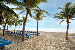 a beach with palm trees and blue lounge chairs at Viva Maya by Wyndham, A Trademark All Inclusive Resort in Playa del Carmen