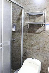 y baño con aseo y cabina de ducha. en Hotel PLATINIUM, en Tacna