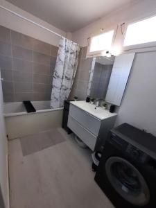 a bathroom with a sink and a washing machine at Cosy appartement près *RER et Disney, Paris in Villiers-sur-Marne
