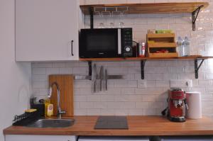 - un comptoir de cuisine avec un four micro-ondes et un évier dans l'établissement Cosy studio paris13 10min to Louvre, à Paris
