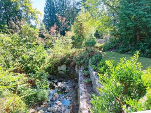 un giardino con ruscello in un cortile di 66 Creek Garden House a West Vancouver