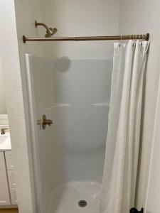Buchanan DamRanchette Apartment- beach access small lake view的带淋浴和浴帘的浴室