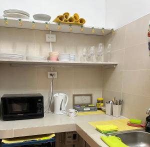 encimera de cocina con microondas y fregadero en Pineapple House en Bocas del Toro