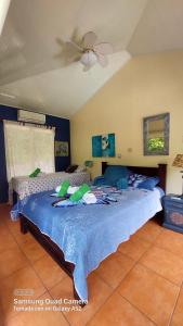 a bedroom with a large bed with green stuffed animals on it at Yethan house in Uvita