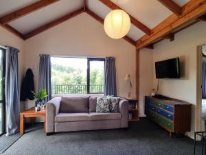 a living room with a couch and a tv at Treetop Treasure - Hanmer Springs Holiday Home in Hanmer Springs