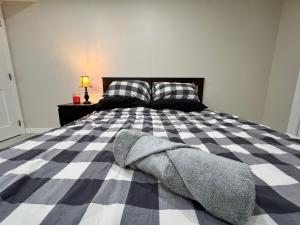 a bedroom with a checkered bed with two pillows at Luxury Restful Sleepover Spot in Winnipeg