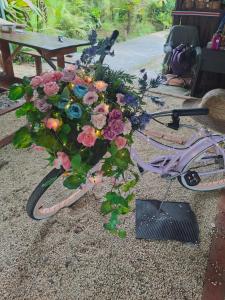 a flower arrangement on a bike on the ground at Glamping Rio Celeste Heliconia in San Rafael