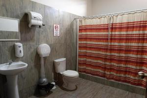 a bathroom with a toilet and a shower curtain at Desert Nights Hostel in Ica