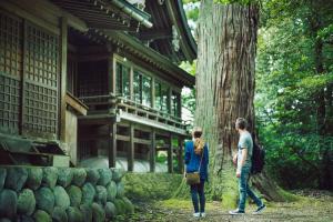 a man and a woman walking in front of a tree at APARTMENTS by Bed and Craft in Inami
