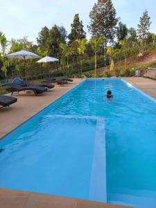 a person swimming in a large blue swimming pool at Hin Khong Villa - a tropical surprise in Ban Huai Sai