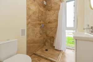 a bathroom with a shower with a toilet and a sink at Seaside apartments 2 in Palanga