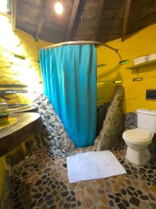 a bathroom with a toilet and a blue shower curtain at El bosque de las hadas II (Cabaña Magic House) in Santa Elena