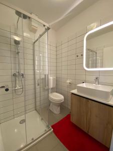 a bathroom with a shower and a sink and a toilet at Studio apartman Mia in Tar