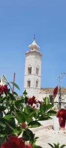 una torre del reloj con una flor roja delante de ella en N'incanto, en Rutigliano