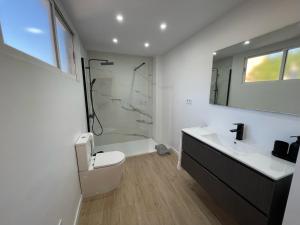 La salle de bains est pourvue de toilettes, d'un lavabo et d'une douche. dans l'établissement Apartamento Dúplex de Lujo con Terraza y vistas al Castillo - Centro, à Xàtiva