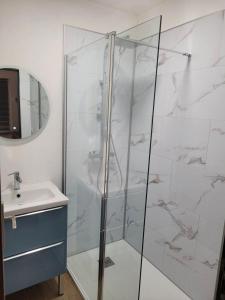 een badkamer met een douche en een wastafel bij L'oxybulles et Spa in Friville-Escarbotin