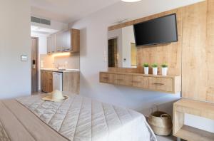 um quarto com uma cama e uma televisão de ecrã plano em Sarti Premium Suites em Sarti