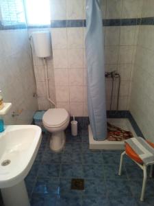 y baño con aseo, lavabo y ducha. en Dionisis Apartments en Ayia Evfimia