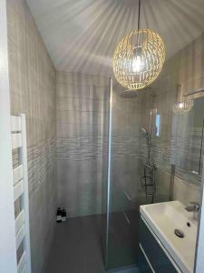 La salle de bains est pourvue d'une douche, d'un lavabo et d'un lustre. dans l'établissement T2 Neuf en plein cœur de Rennes au bord de la vilaine, à Rennes