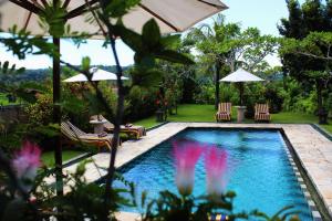 a swimming pool with chairs and umbrellas in a yard at Puri Bagus Manggis in Candidasa +33 photos