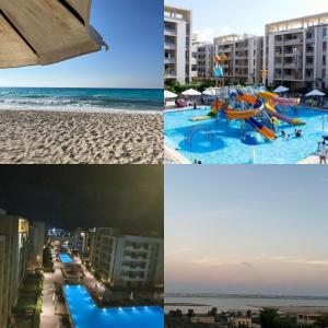 a collage of pictures of a pool and the beach at جراند هيلز الساحل الشمالي Grand Hills North Coast شالية فندقي كود H047 in Dawwār ‘Abd Allāh
