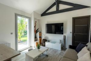 un salon avec un canapé et une télévision dans l'établissement Maison Tiki Village Aix centre, à Aix-en-Provence