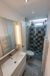 La salle de bains est pourvue d'un lavabo, de toilettes et d'une douche. dans l'établissement Maison Tiki Village Aix centre, à Aix-en-Provence