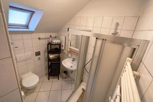 małą łazienkę z toaletą i umywalką w obiekcie Nüssenberger Hof Apartments w Kolonii