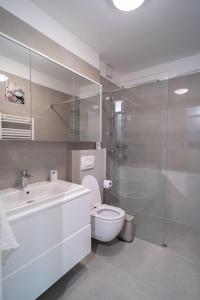 een badkamer met een toilet, een wastafel en een douche bij Apartment Wing 77 by Belmont Realty in Zadar