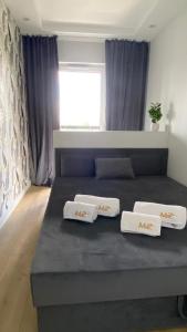 um quarto com uma cama com duas almofadas brancas em ApartamentMzTower em Kielce