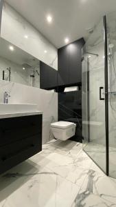 uma casa de banho com um WC, um lavatório e um chuveiro em ApartamentMzTower em Kielce