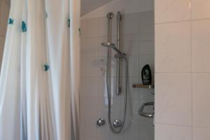 ein Bad mit Dusche und Duschvorhang in der Unterkunft Songavazzo Dream Apartment in Songavazzo
