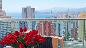eine Vase roter Tulpen auf einem Balkon mit einer Stadt in der Unterkunft Moderno apartamento con terraza privada y vistas in Benidorm