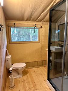 a small bathroom with a toilet and a sink at Cherry Tree Safari Lodge in Talaton